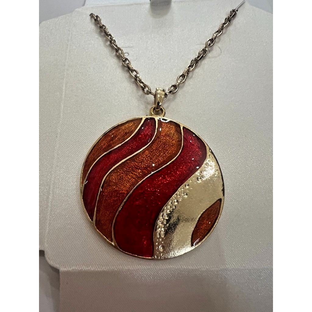 Enamel Inlay Pendant Gold Tone Necklace Red Brown Swirl Abstract Artisan Nos